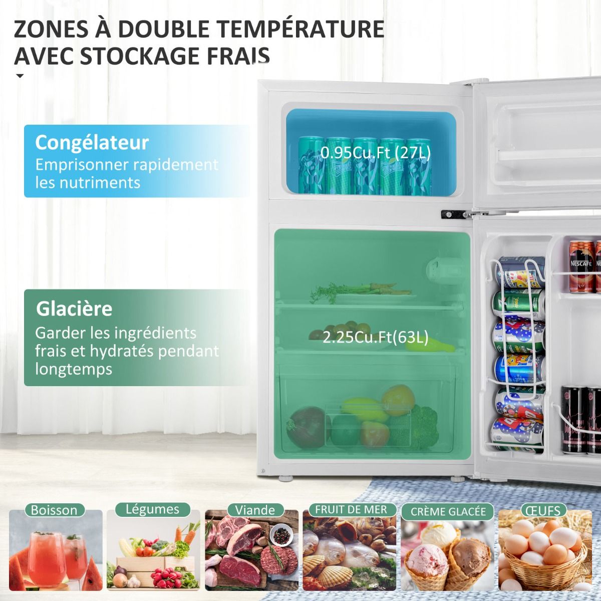 Réfrigérateur Compact Mini-réfrigérateur 90 L Congélateur Séparé avec Design à 2 Portes Fonctionnement Silencieux Blanc/Gris/Noir