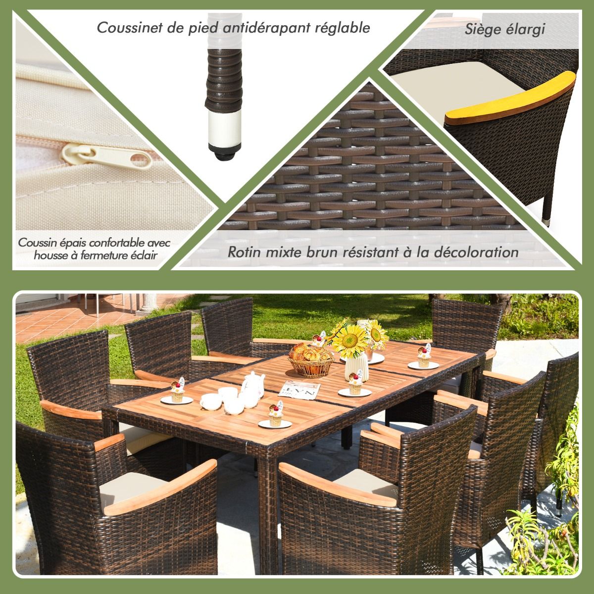 Salon de Jardin en Rotin 9 Pièces pour 8 Personnes Plateau de Table en Acacia Ensemble de Salle à Manger avec Coussins Amovibles Charge 160KG