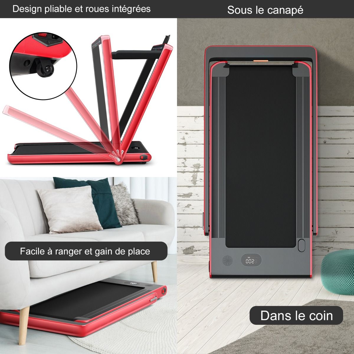 Tapis de Course Pliable 0,75HP Double Affichage LED APP et Télécommande Vitesse Motorisé 12 km/h Surface 40x100cm Rouge