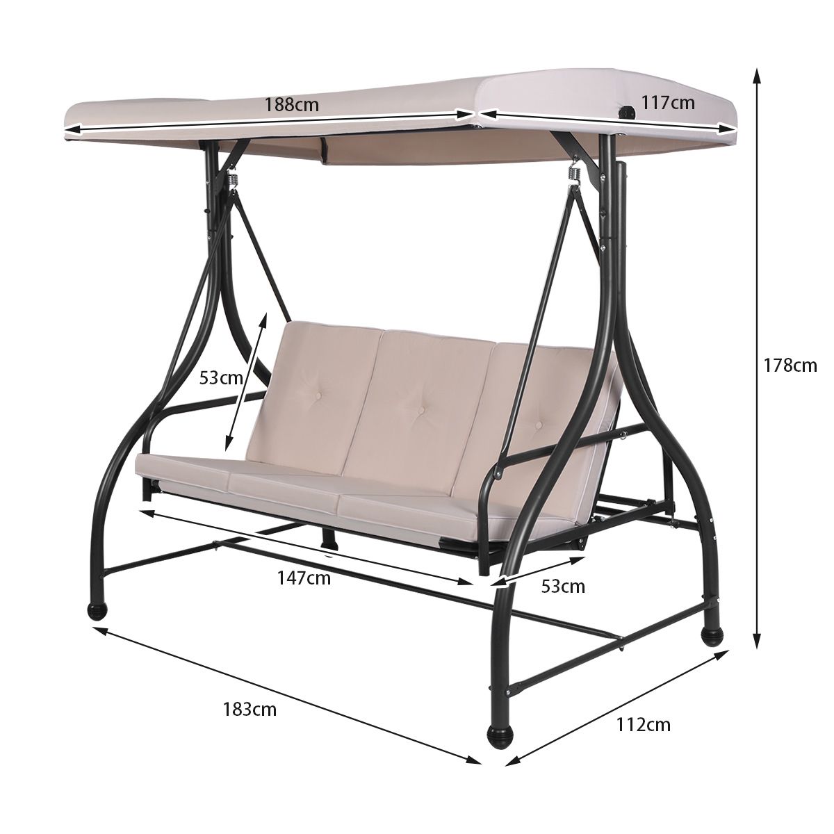 Balancelle d'Extérieur Convertible Jardin Porche Avec Sièges à Coussins Auvent Réglable et Cadre en Métal Enduit Hamac 3 Places Beige