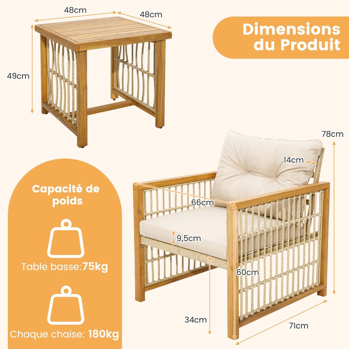 Salon de Jardin avec 1 Table et 2 Fauteuils en Bois d'Acacia et Rotin Anti-UV Pieds Réglables Coussins avec Zip Nautel