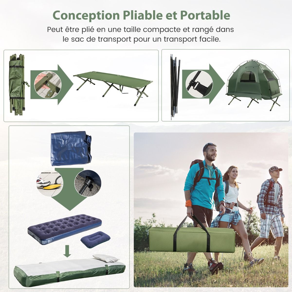 Tente de Camping avec Lit pour 1 Personne Lit de Camping Pliant 5 en 1 avec Matelas Pneumatique Oreiller Sac de Couchage Tente Surélevée Étanche