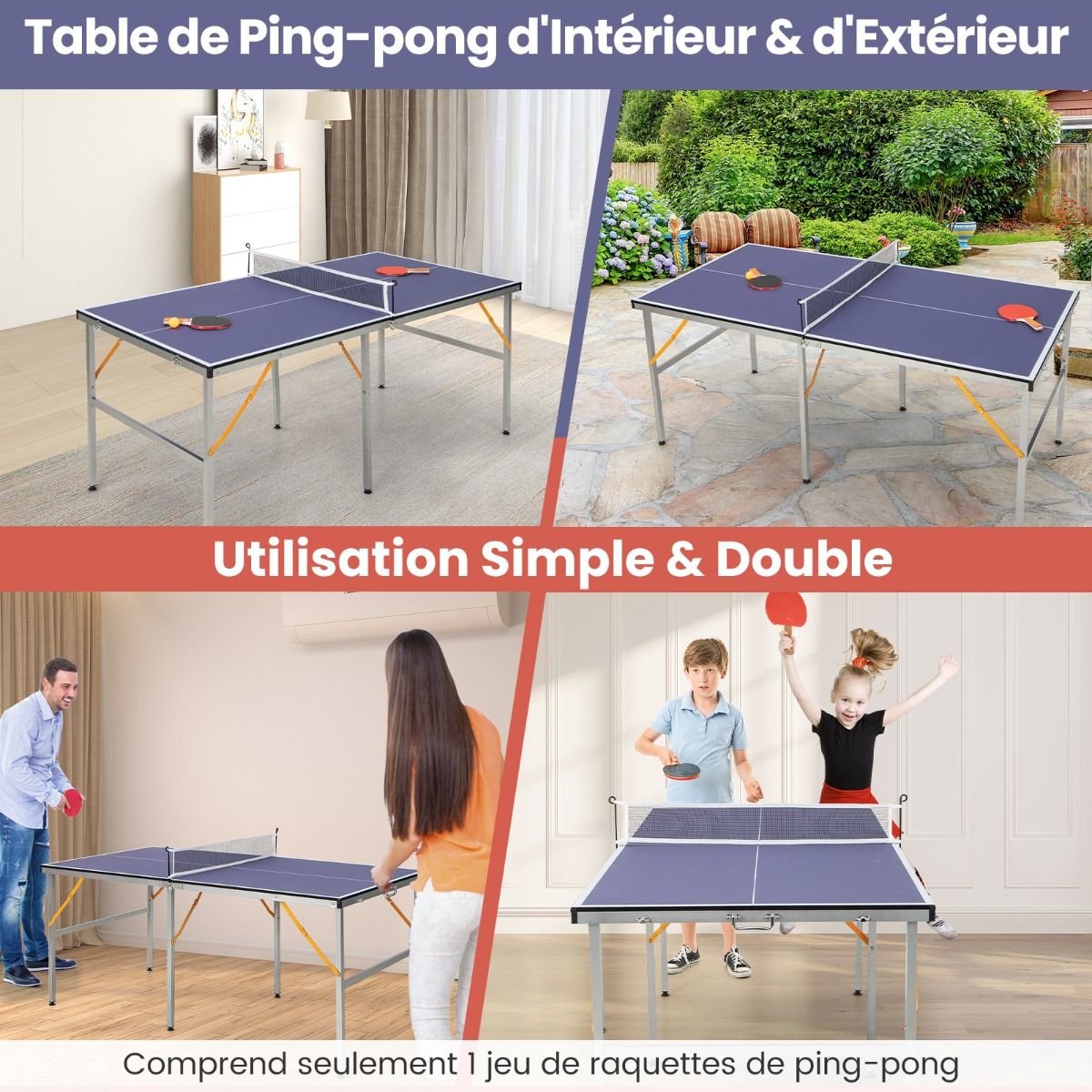 Table de Ping-Pong Pliable Peu Encombrante avec Filet Tennis de Table avec 2 Raquettes 3 Balle Pieds Réglables 180 x 90 x 76 cm