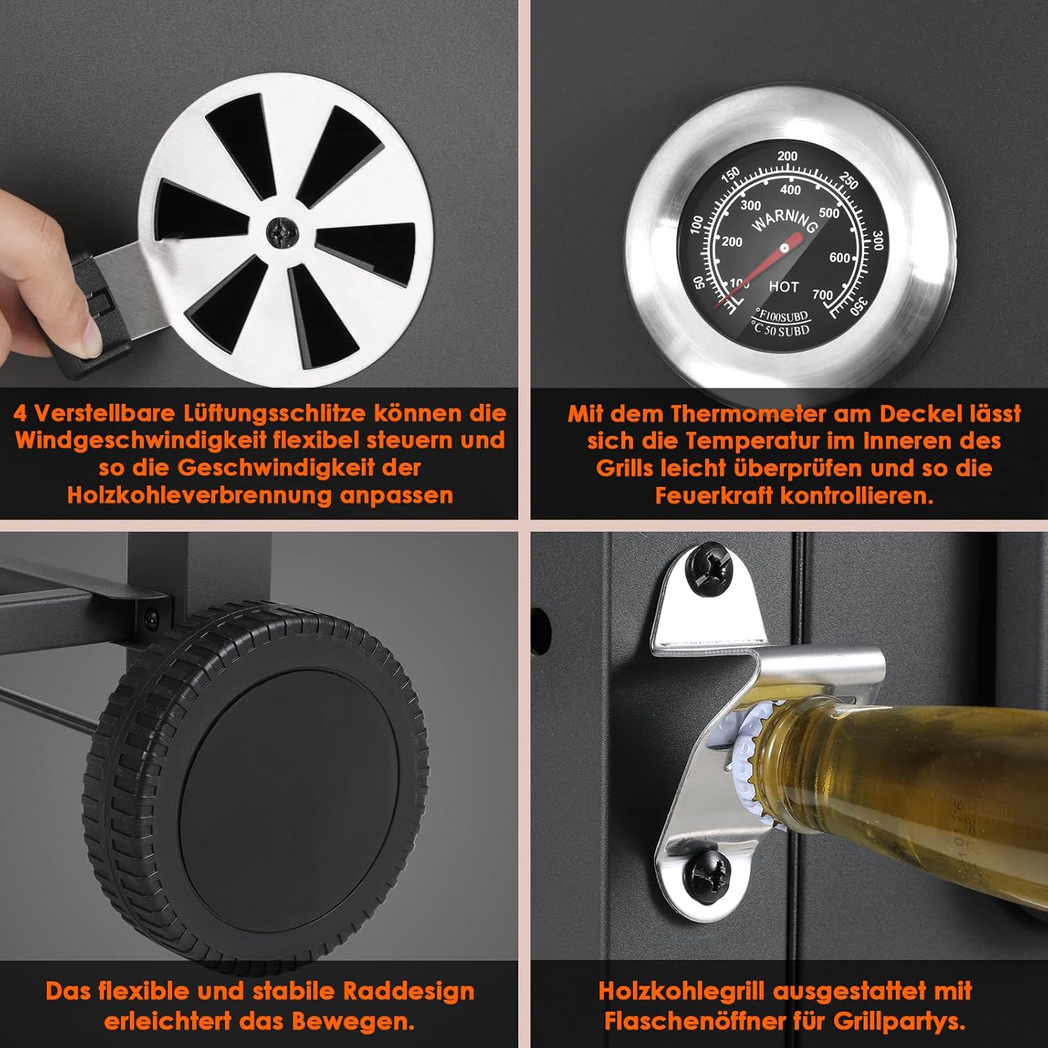 Barbecue Charbon de Bois XL, Chariot à Barbecue, Grill XL à Charbon avec Couvercle, Roues et Thermomètre, Réglable en Hauteur, Grand Barbecue au Charbon de Bois, pour Camping et Jardin, Noir