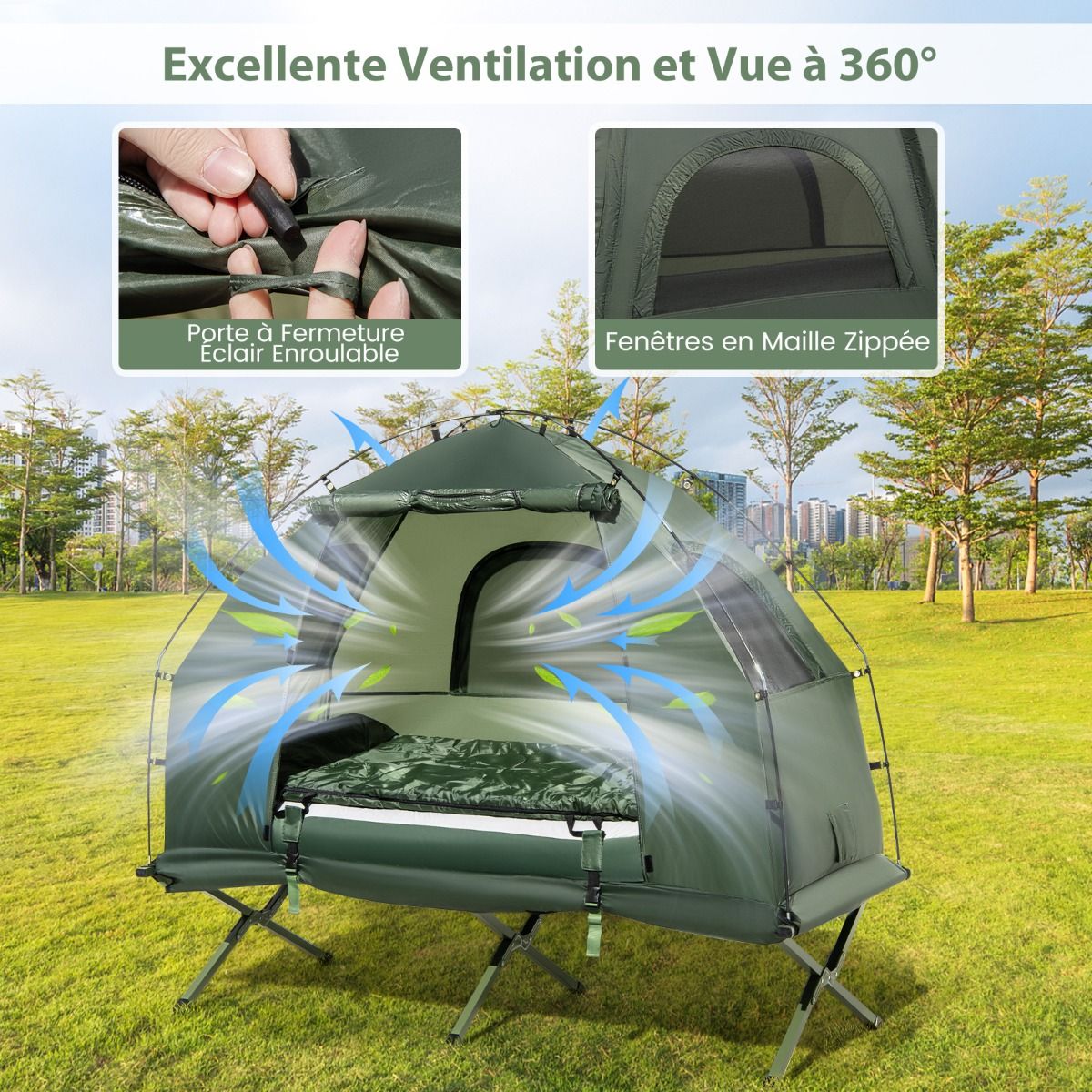 Tente de Camping avec Lit pour 1 Personne Lit de Camping Pliant 5 en 1 avec Matelas Pneumatique Oreiller Sac de Couchage Tente Surélevée Étanche