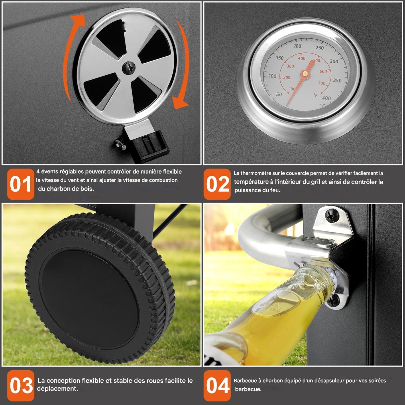Barbecue Charbon de Bois XL, Chariot à Barbecue, Grill XL à Charbon avec Couvercle, Roues et Thermomètre, Réglable en Hauteur, Grand Barbecue au Charbon de Bois, pour Camping et Jardin, Noir