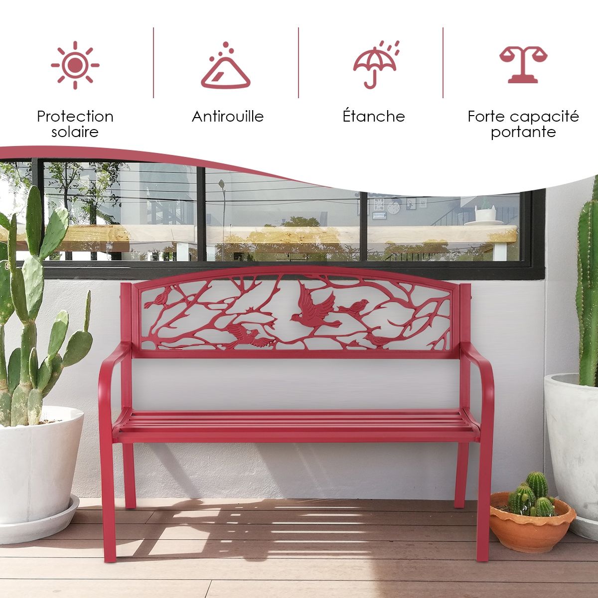Banc de Jardin en Fer Résistant de Haute Qualité Style Contemporain 2-3 Places Parfait pour Extérieur 127x60x88cm Rouge