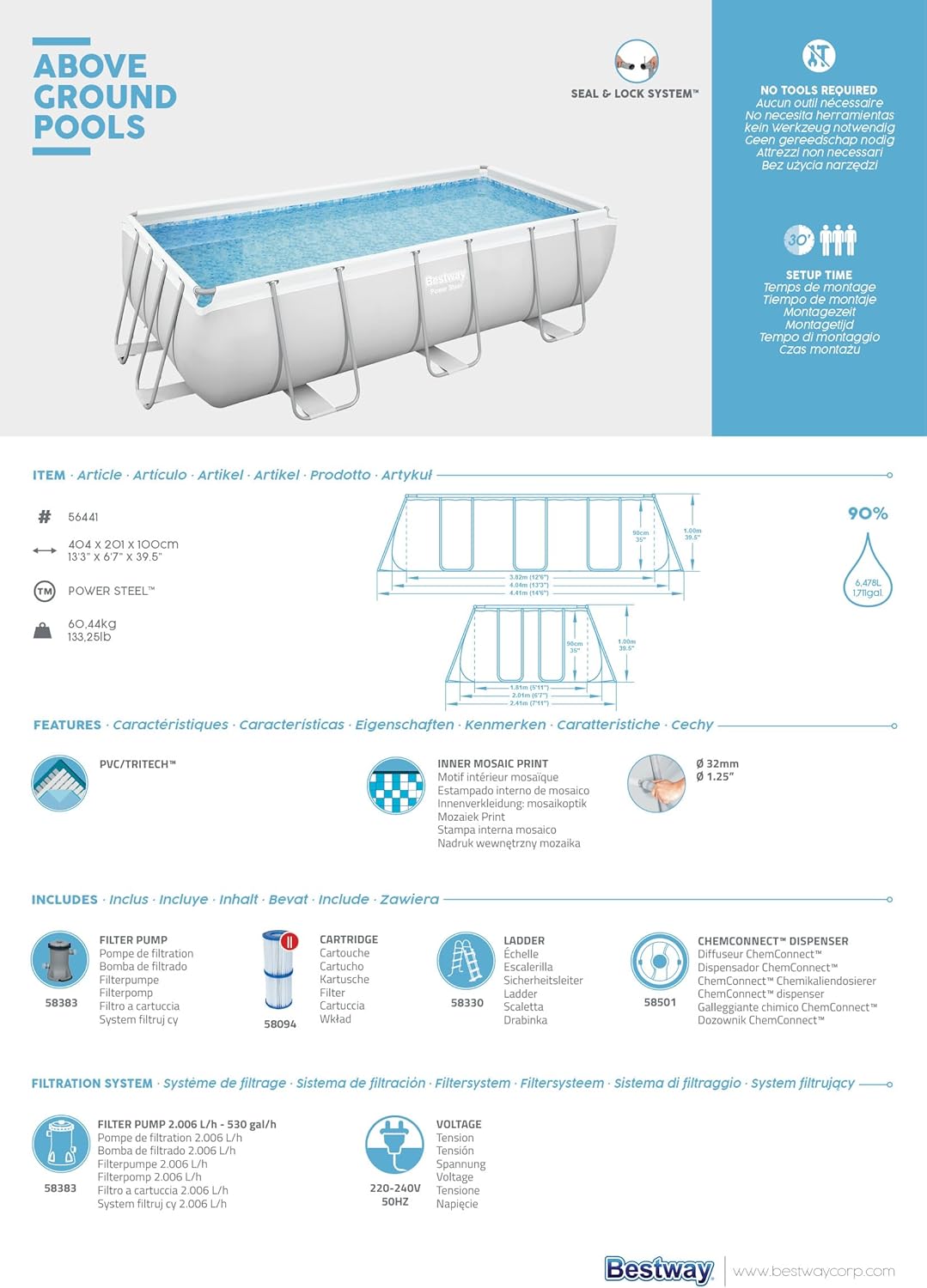 Piscine Hors Sol 404 x 201 x 100 cm BESTWAY Rectangulaire Power Steel™ Piscine Tubulaire