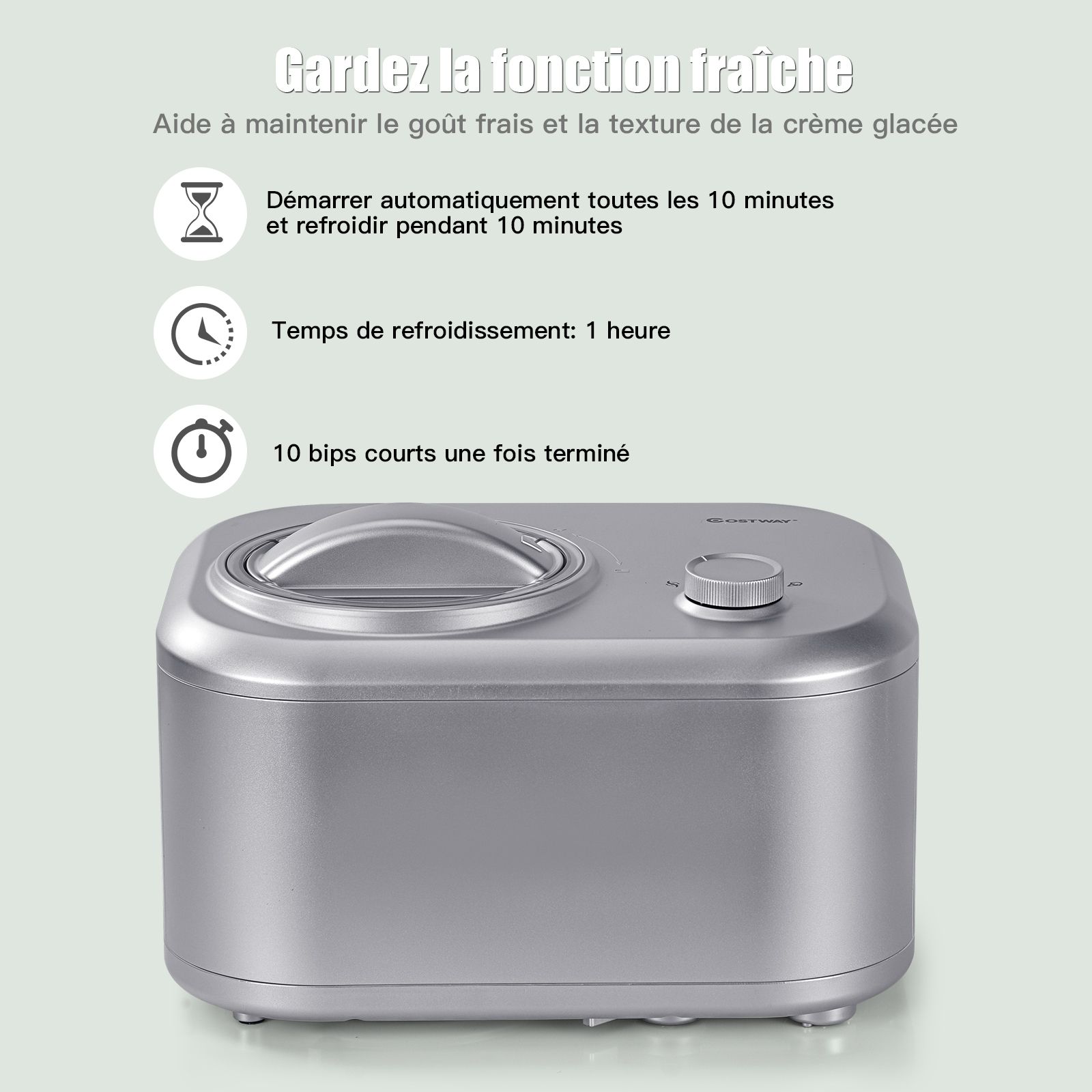 Sorbetière Turbine à Glace 1L Puissance 100W à Compresseur avec Cuillère 3 Modes de Fonctionnement Argent