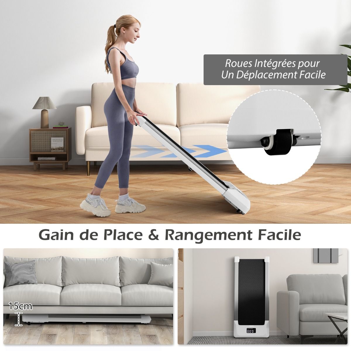 Tapis de Course Mince Tapis de Jogging avec Capacité de 120 Kg Télécommande et Écran Led Inclinable à Roulettes Tapis de Course à Glisser Gris/Noir/Rose