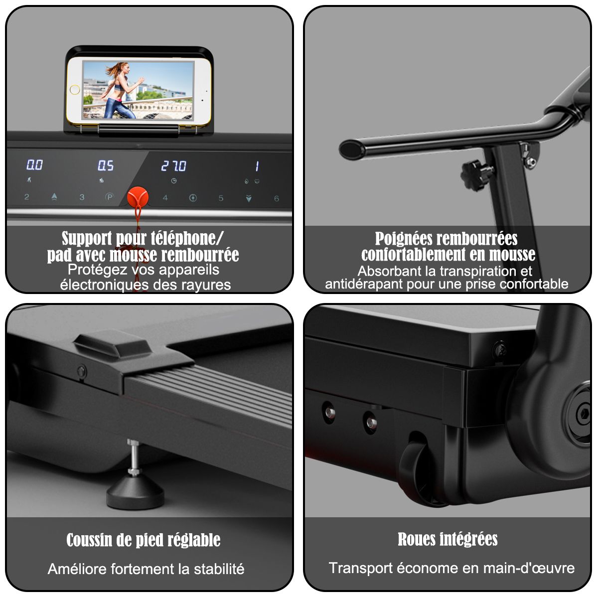 Tapis de Course/Marche Pliable 500W 12 Programmes Prédéfinis 0,8-9,6 Km/h Ecran Tactile LED 4 Touches de Raccourci Noir Support pour Ipad