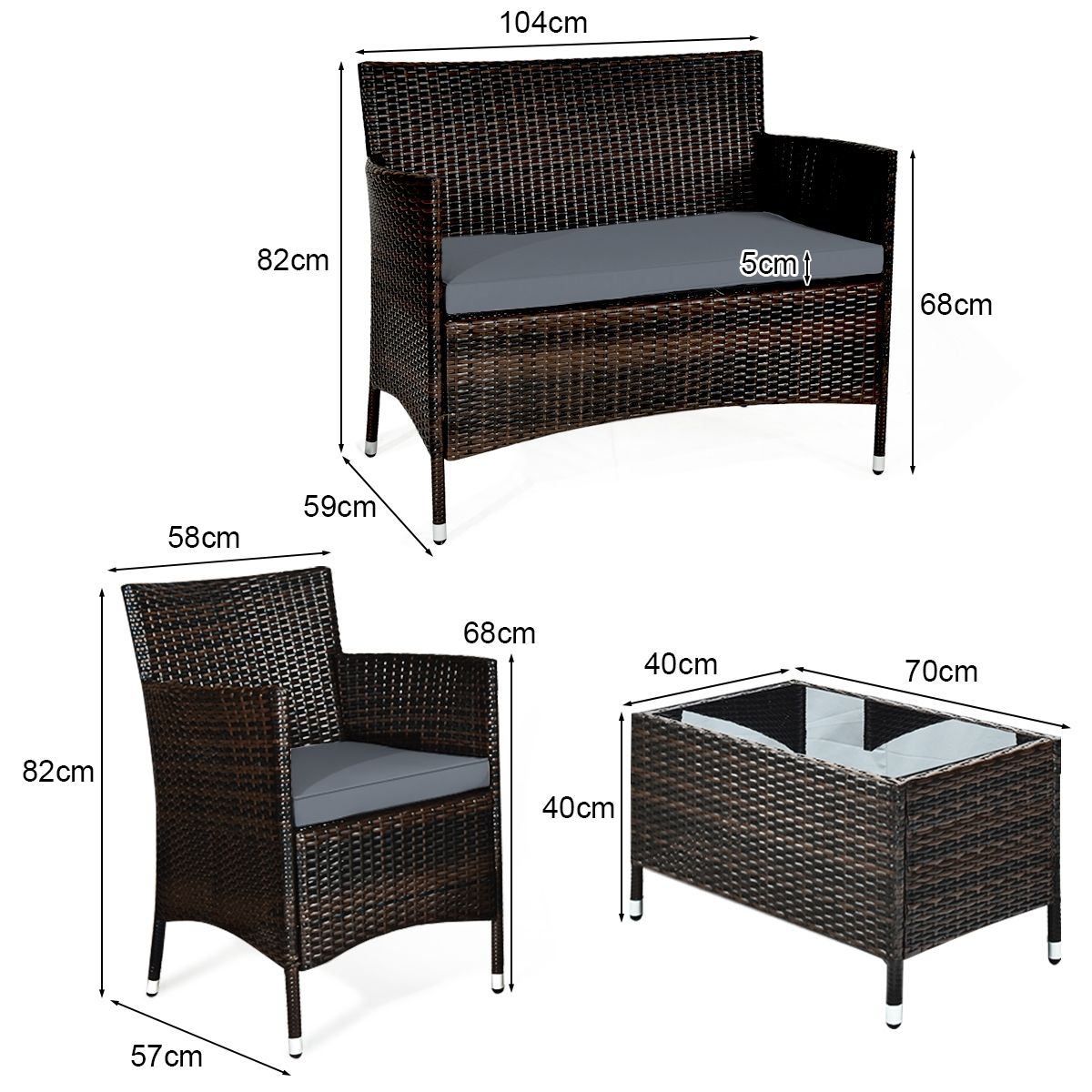 Salon de Jardin 4 PCS Mobilier de Terrasse en Rotin PE pour Véranda Patio Terrasse Piscine Marron et Gris