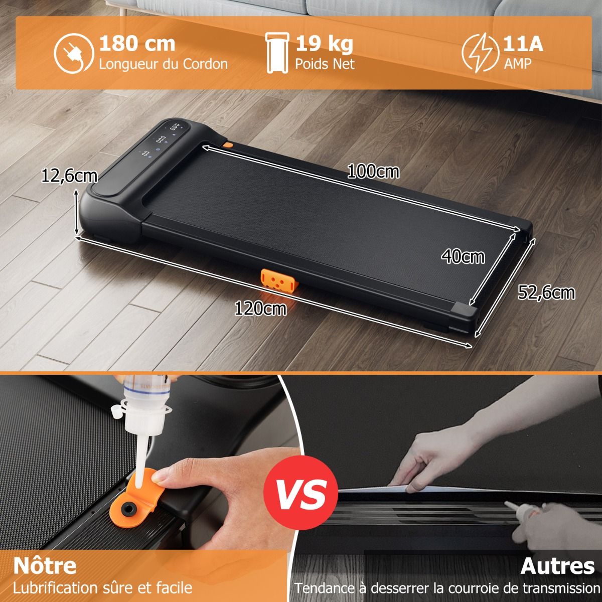 Tapis de Course et de Marche avec 12 Programmes Prédéfinis Télécommande et Écran Tactile Led Machine de Jogging et de Marche Capacité 120 Kg Noir