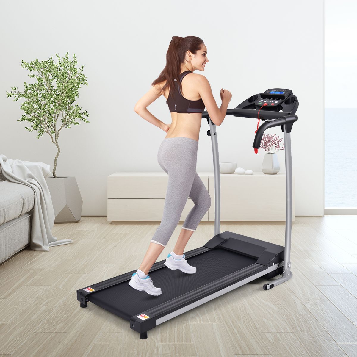 Tapis de Course Électrique Pliable avec Écran et Moniteur de Fréquence Cardiaque avec Vitesse de 1 à 10 km/h et 12 Programmes Noir