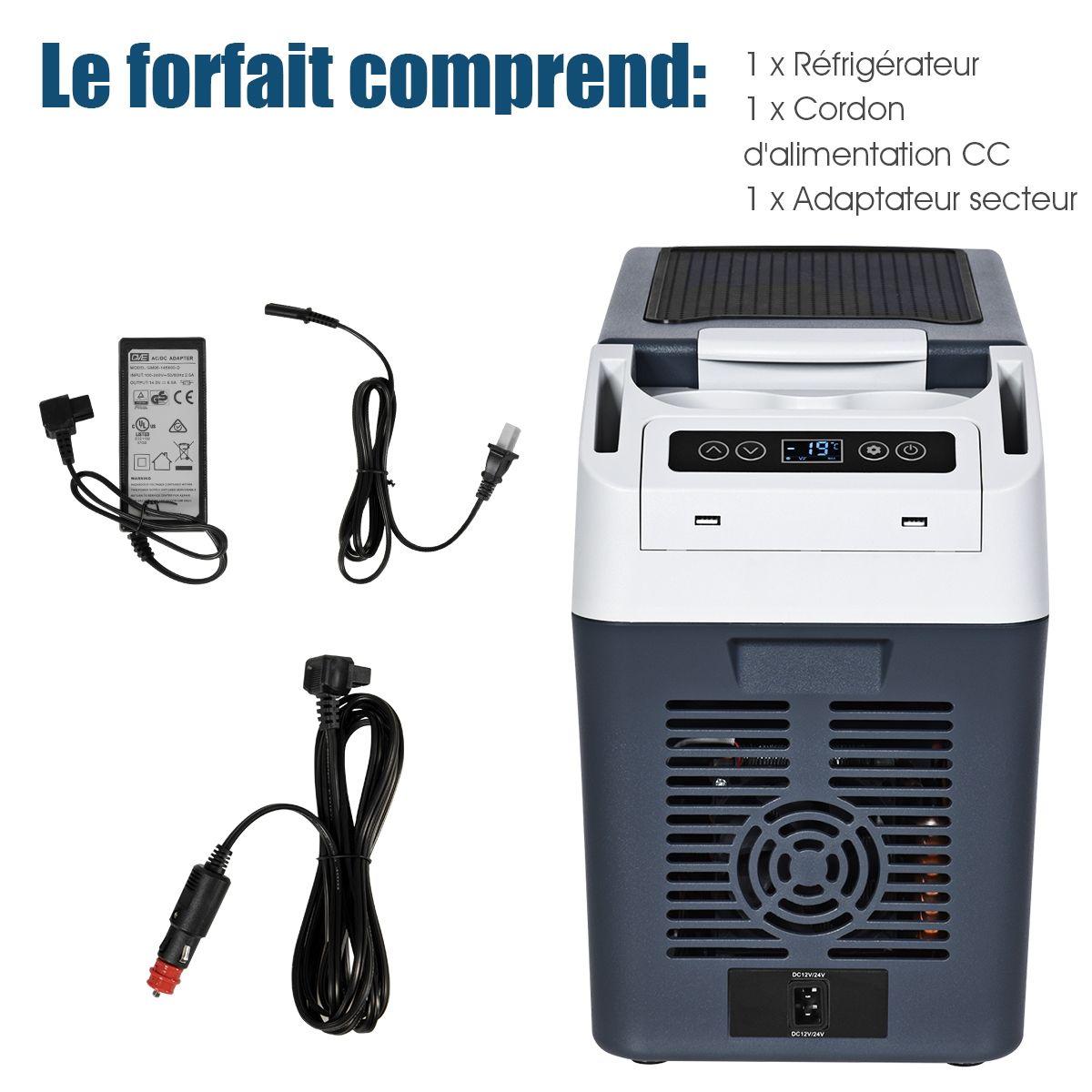Réfrigérateur Congélateur de Voiture 12L Portable Compresseur -20°C à +10°C Ampoules LED  2 Porte-gobelets 23x53x36cm