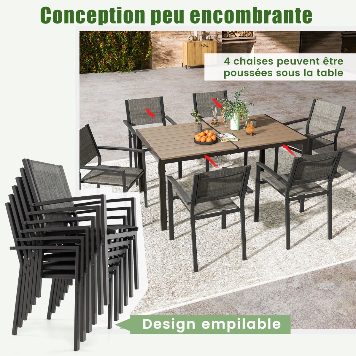 Ensemble de Meubles de Patio 7 Pièces pour 6 Personnes Salon de Jardin avec 6 Chaises Empilables et Table Rectangulaire Gris