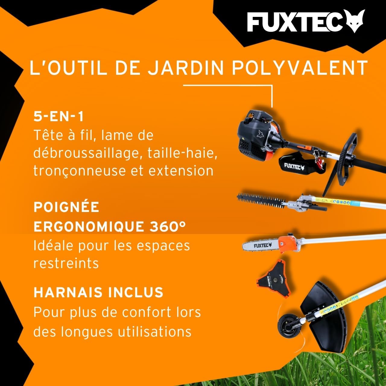 Fuxtec Débroussailleuse Thermique Multifonction 5 en 1 Multitool FX-MT152E - Easy Starter 3CV 52 cm³, Moteur 2 Temps, Élagueuse Taille Haie Coupe Bordure Avec Fil ou Lame 1 Mètre Rallonge