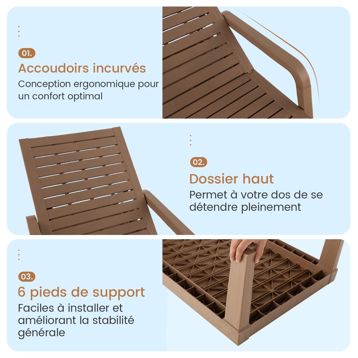 Bain de Soleil de Jardin Réglable à 4 Positions avec 6 Pieds de Soutien pour Jardin Cour Piscine Patio Jusqu'à 150 kg Naturel