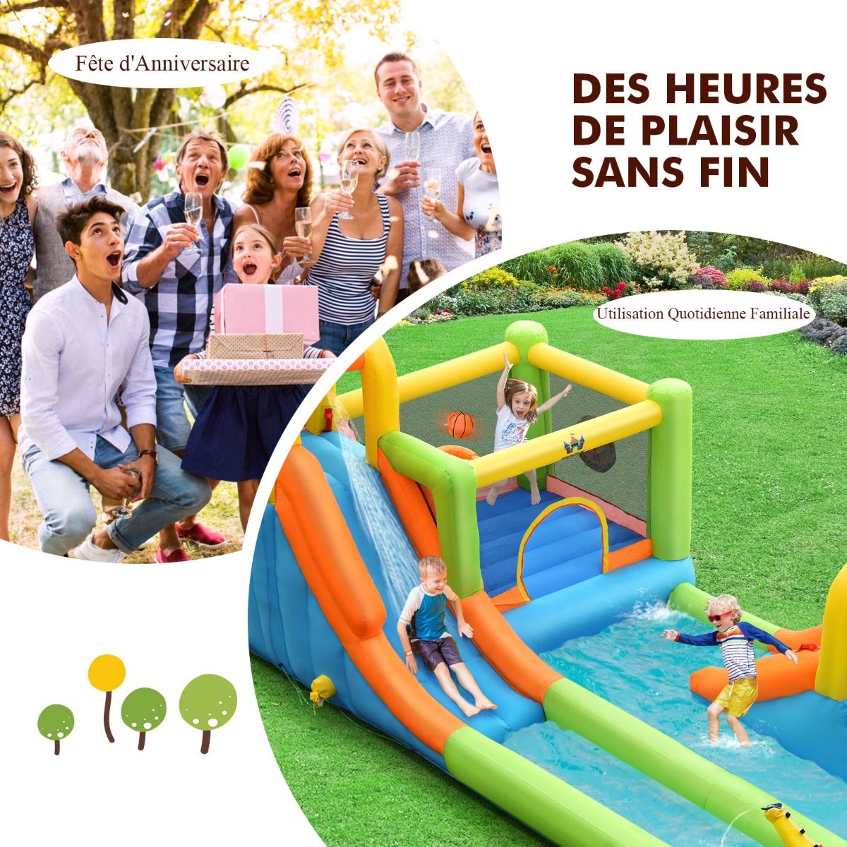 Château Gonflable 8 en 1 avec 2 Toboggans Parc Aquatique avec Maison de Saut Charge 135kg pour 3 Enfants de 3-10 Ans