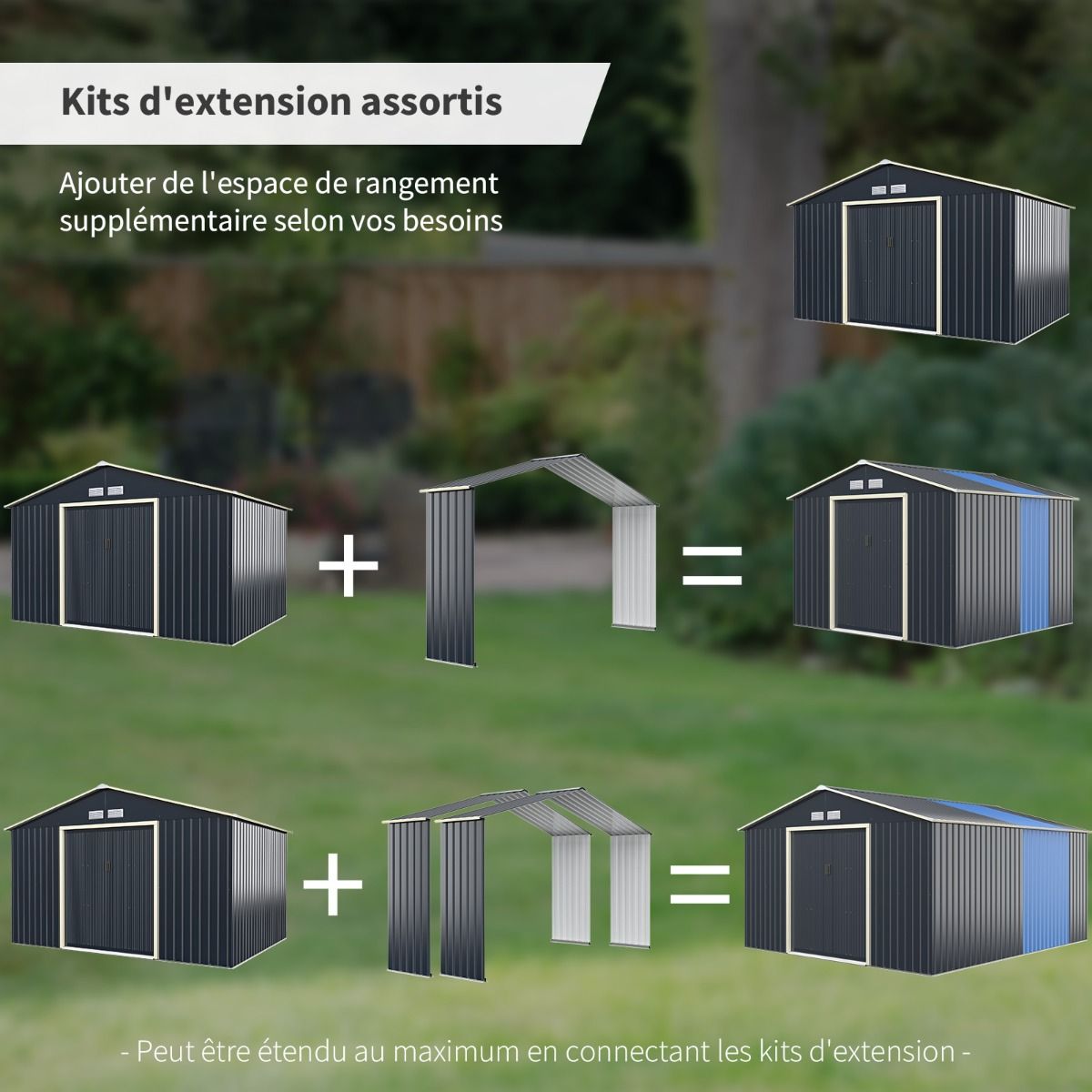 Abri de Jardin en Métal & Extension 10.85㎡ avec 2 Portes Coulissantes Verrouillables 4 Trous d’Aération Gris pour Vélo