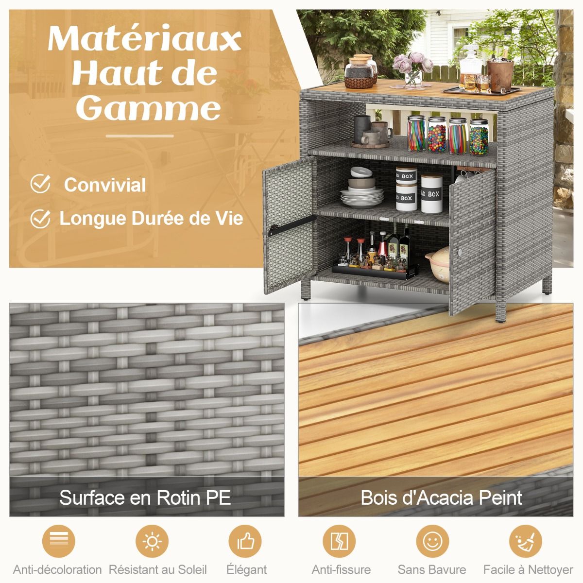 Armoire de Rangement Exterieur en Rotin Armoire de Jardin avec Plateau en Bois d'Acacia Compartiment Ouvert Buffet à 2 Portes