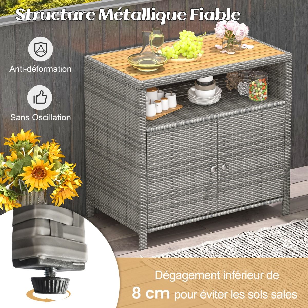 Armoire de Rangement Exterieur en Rotin Armoire de Jardin avec Plateau en Bois d'Acacia Compartiment Ouvert Buffet à 2 Portes