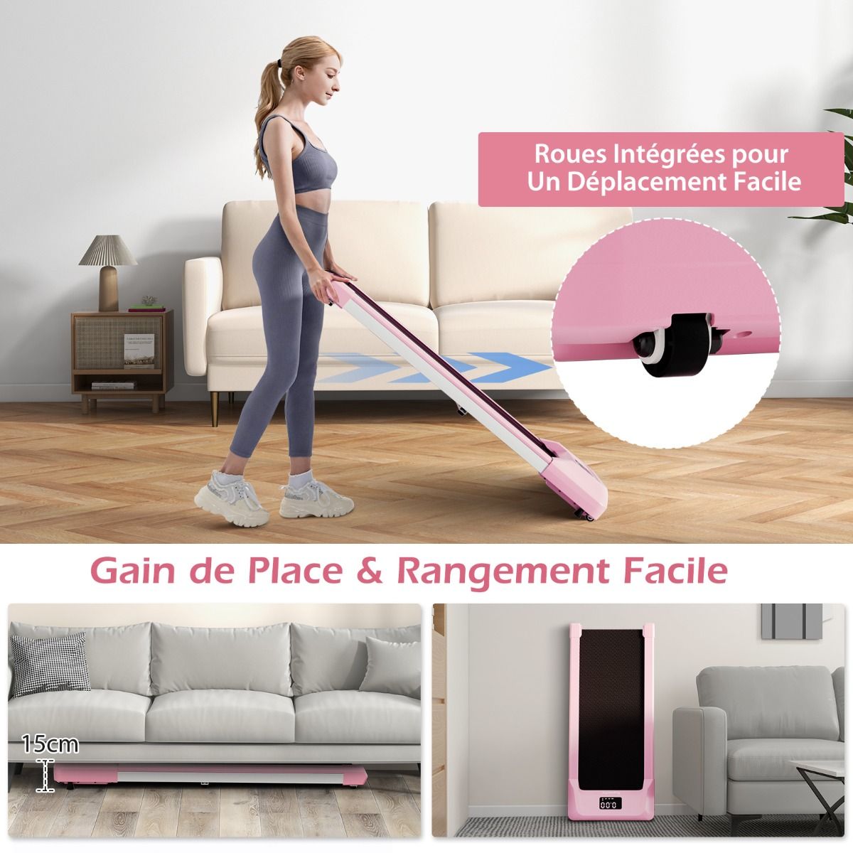 Tapis de Course Mince Tapis de Jogging avec Capacité de 120 Kg Télécommande et Écran Led Inclinable à Roulettes Tapis de Course à Glisser Gris/Noir/Rose