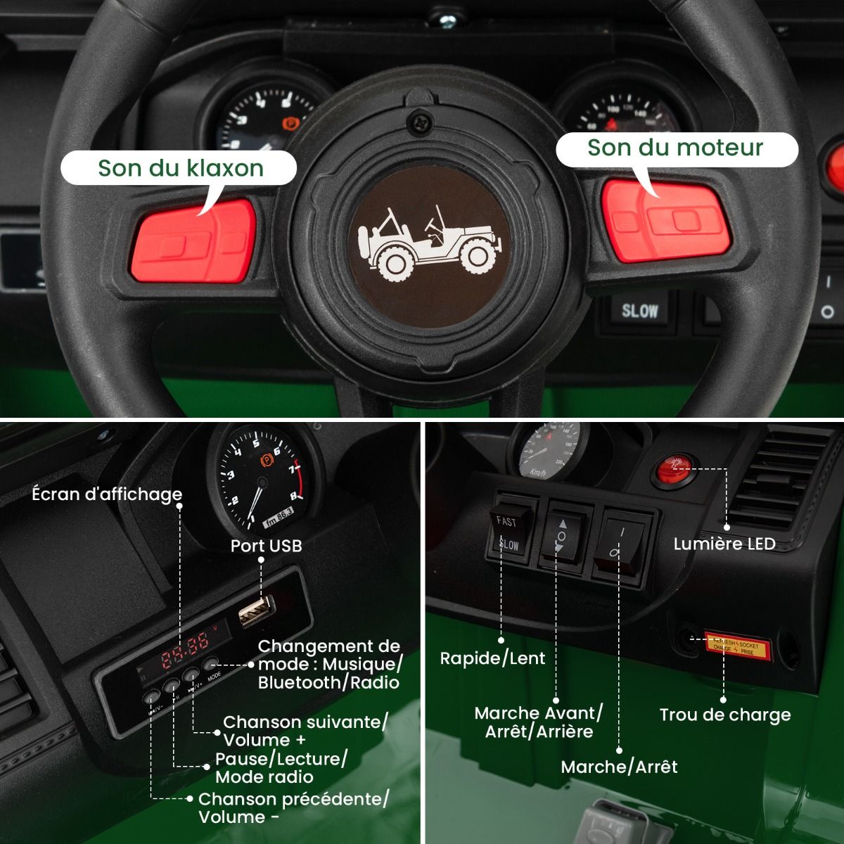 24V Voiture Électrique 2 Places Enfants avec Télécommande 2,4G Musique LED Démarrage Lent 2 Vitesses Charge 35kg pour 3-8 Ans+ Rouge/Rose/Vert