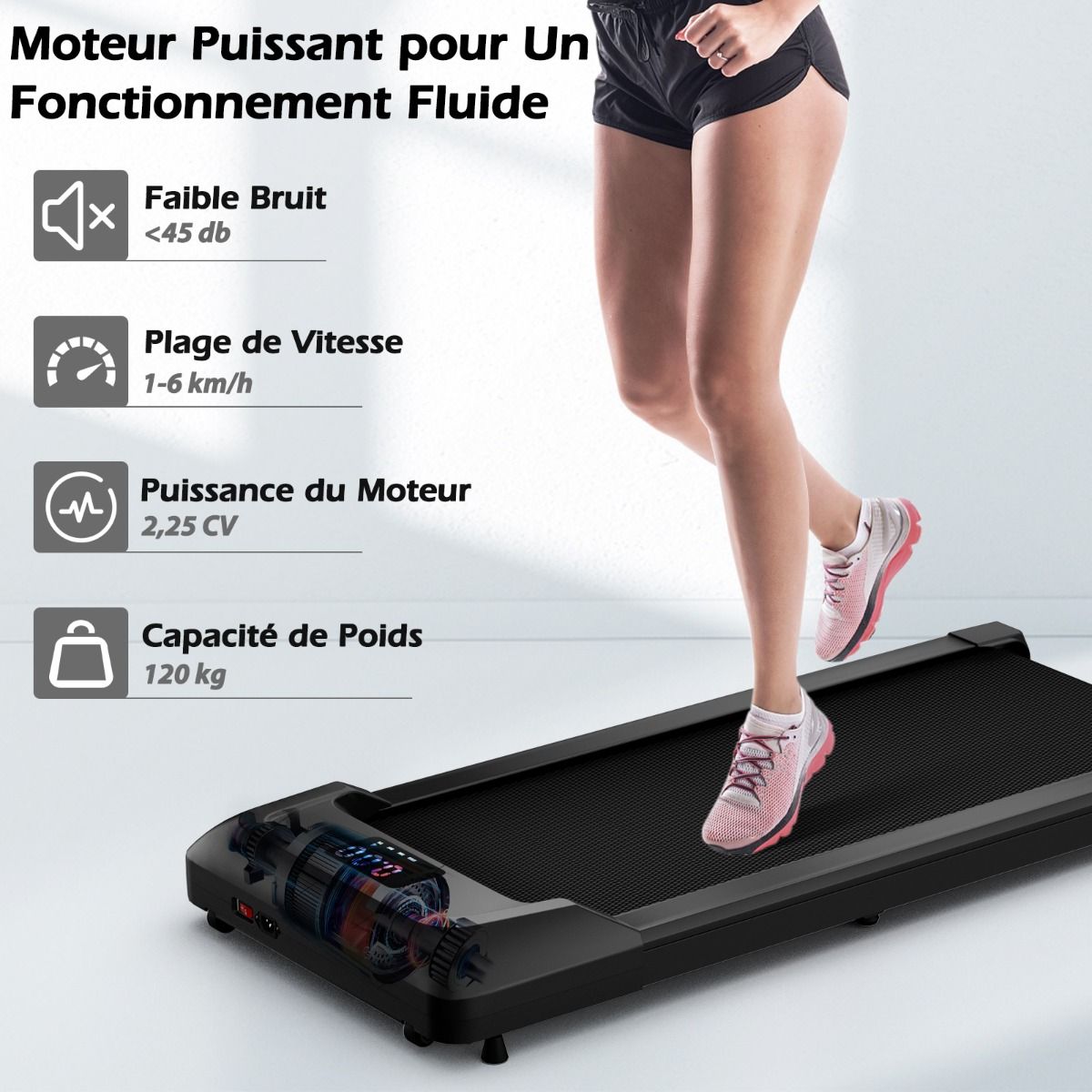 Tapis de Course Mince Tapis de Jogging avec Capacité de 120 Kg Télécommande et Écran Led Inclinable à Roulettes Tapis de Course à Glisser Gris/Noir/Rose