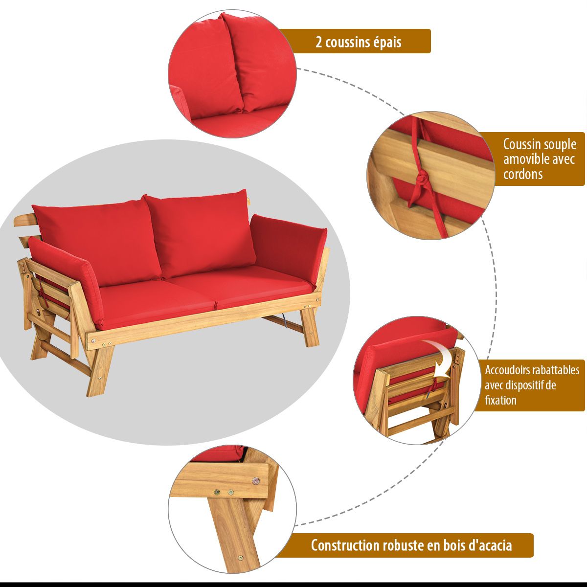 Chaise Longue Convertible avec Coussin Canapé de Jardin 2 en 1 en Bois d’Acacia avec Accoudoir Réglable pour Patio Piscine Jardin Blanc/Gris/Bleu/Rouge