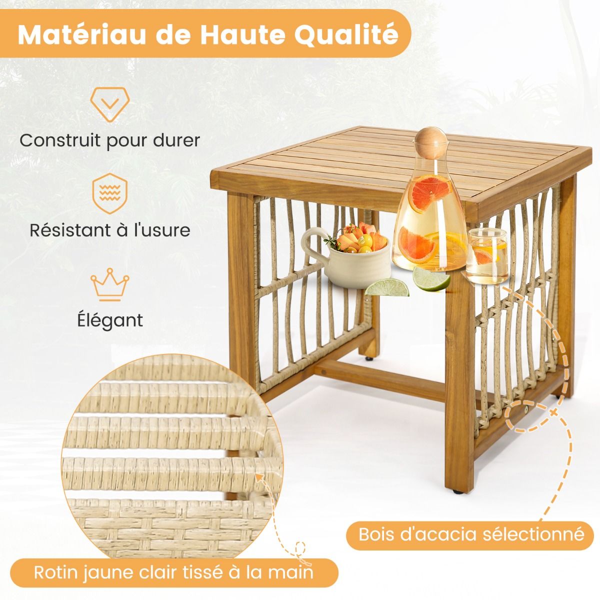 Salon de Jardin avec 1 Table et 2 Fauteuils en Bois d'Acacia et Rotin Anti-UV Pieds Réglables Coussins avec Zip Nautel