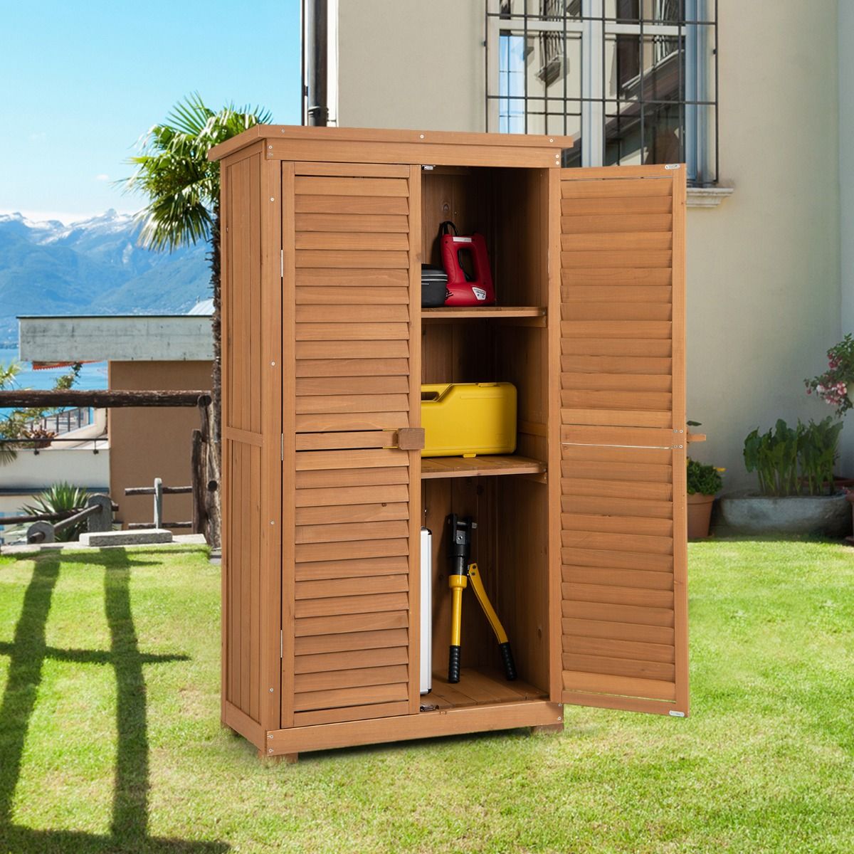Abri de Jardin En Bois 160 Cm Toit en Asphalte 2 Portes Verrouillables avec Loquet Armoire Cabane en Sapin Pré-Huilé Imperméable 3 Étagères Amovibles Naturel