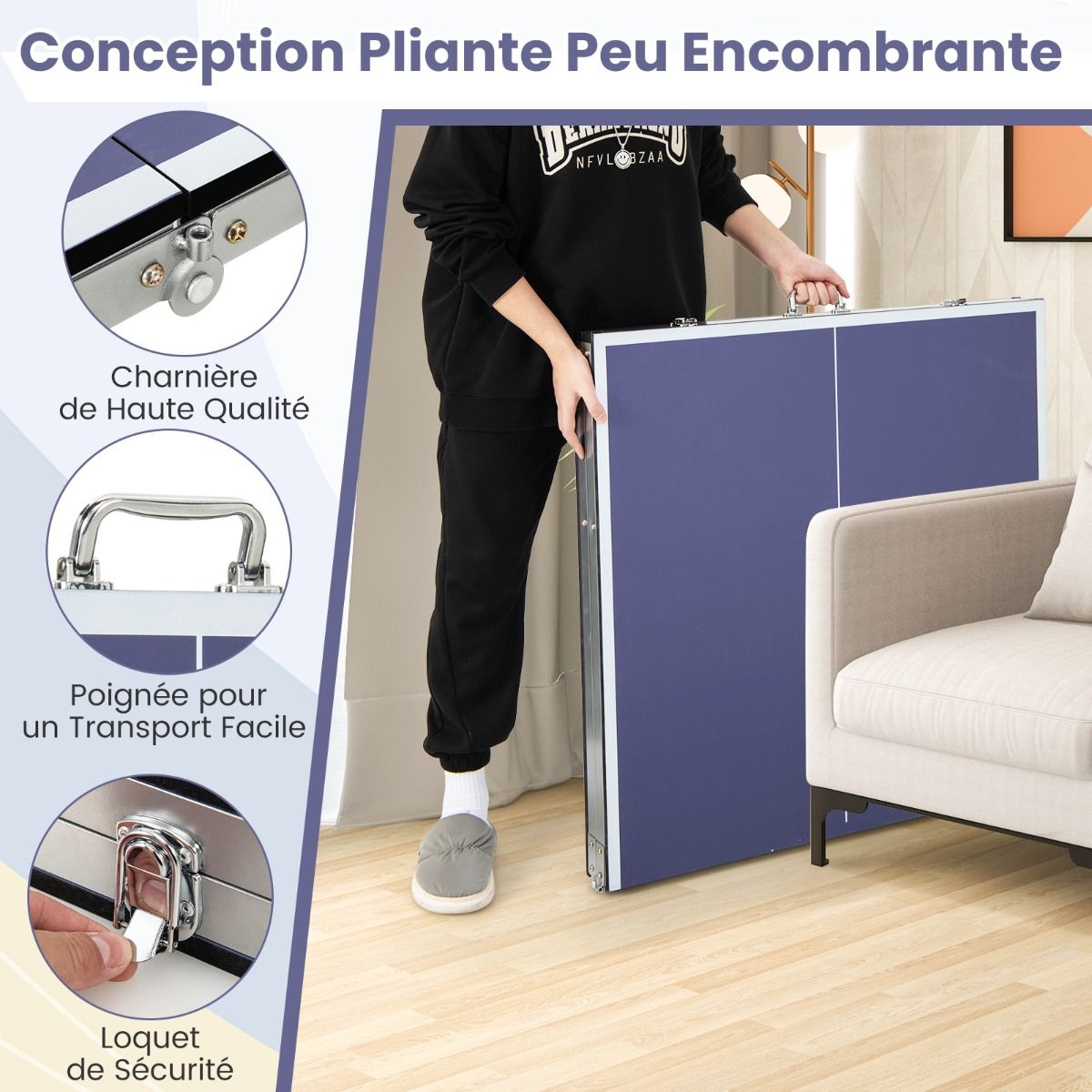 Table de Ping-Pong Pliable Peu Encombrante avec Filet Tennis de Table avec 2 Raquettes 3 Balle Pieds Réglables 180 x 90 x 76 cm