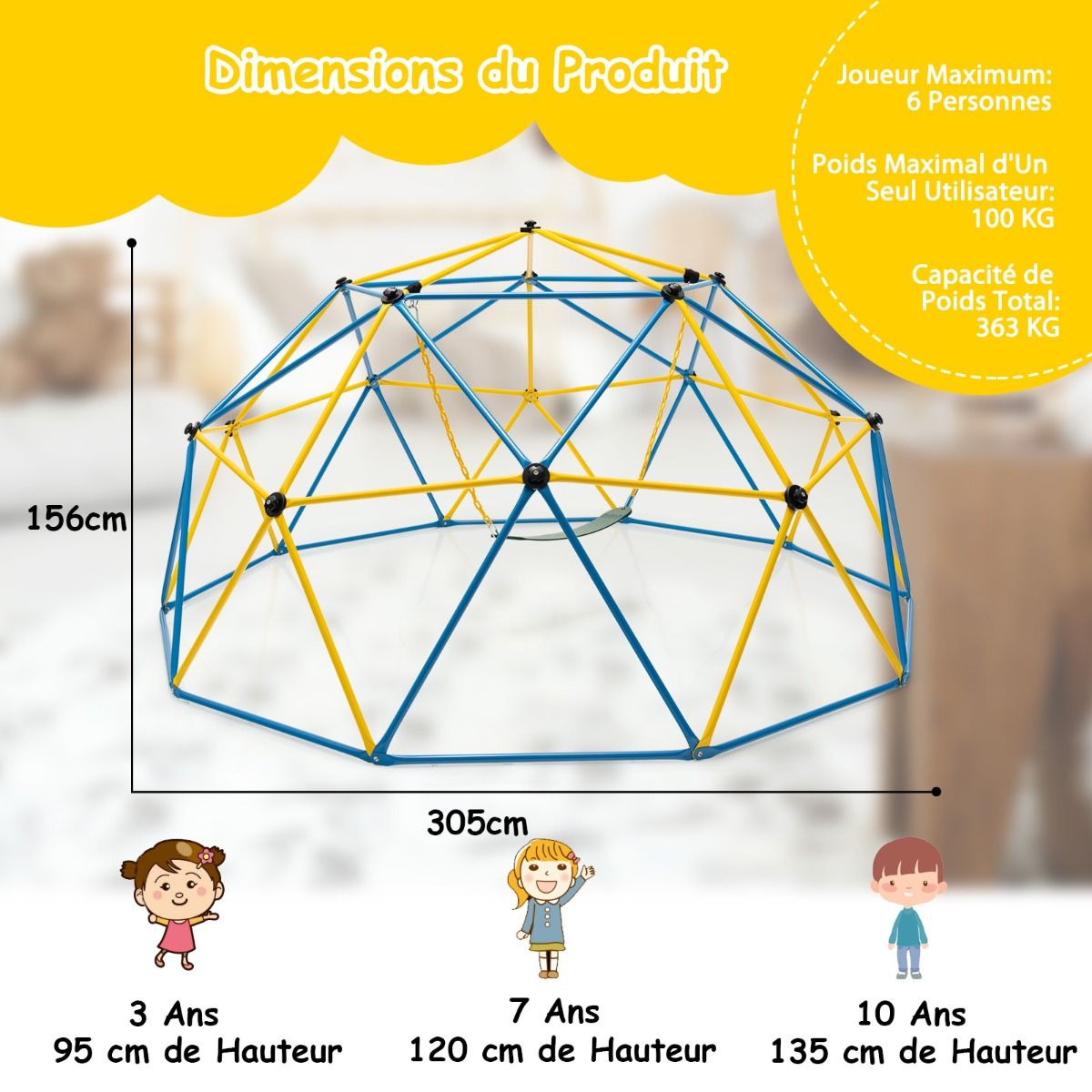 Dôme d'Escalade de 305cm avec Balançoire Cage d'Escalade en Métal Charge Max 363 kg Intérieur Extérieur pour Enfants de 3-10 Ans Jaune/Rouge