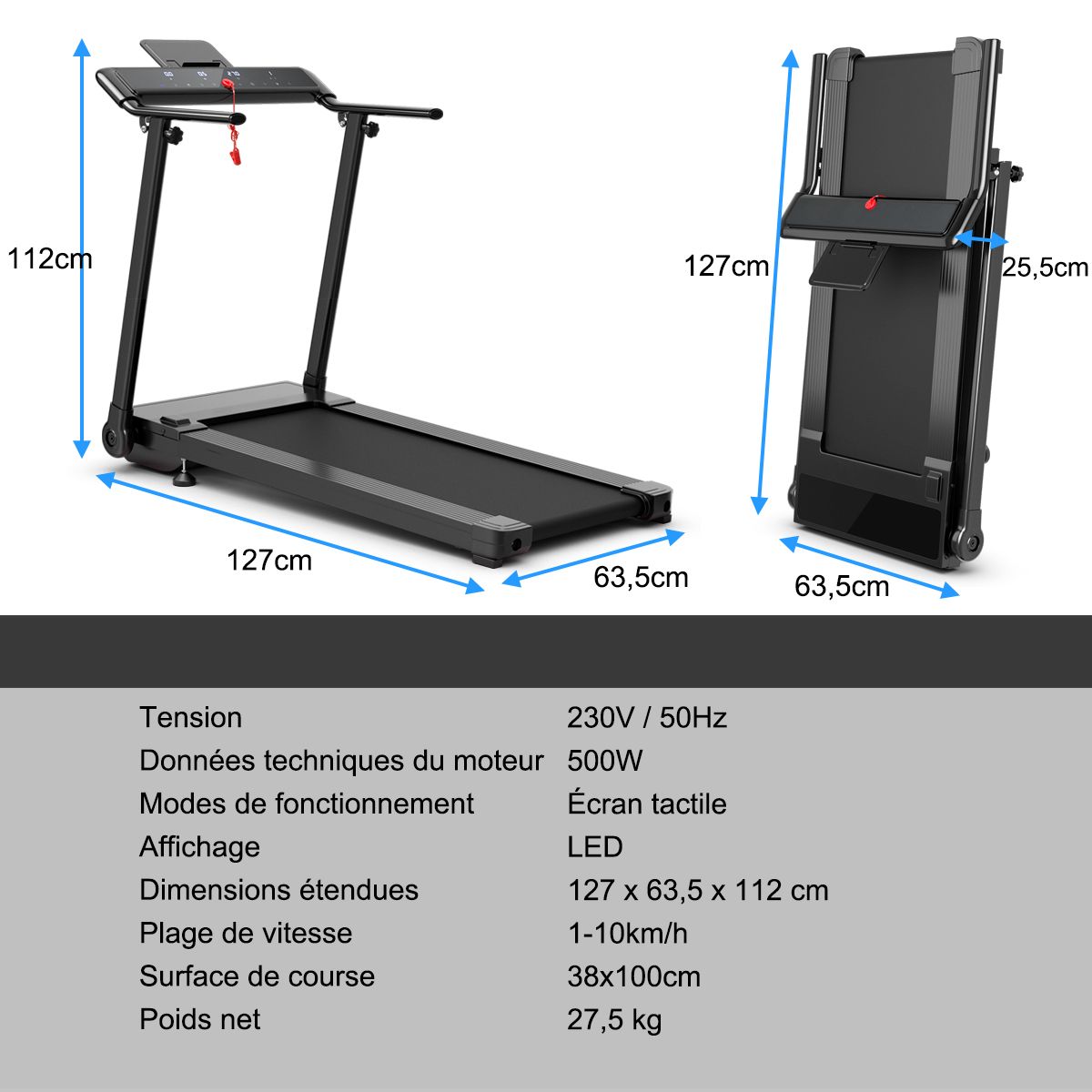 Tapis de Course/Marche Pliable 500W 12 Programmes Prédéfinis 0,8-9,6 Km/h Ecran Tactile LED 4 Touches de Raccourci Noir Support pour Ipad