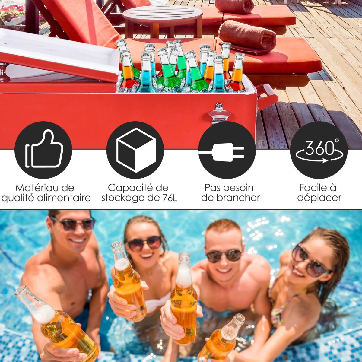 Chariot Isotherme Roulant de 76L Réfrigérant avec Roulettes Universelles Ouvre-bouteille Desserte Jardin pour Conserver Glace et Boissons