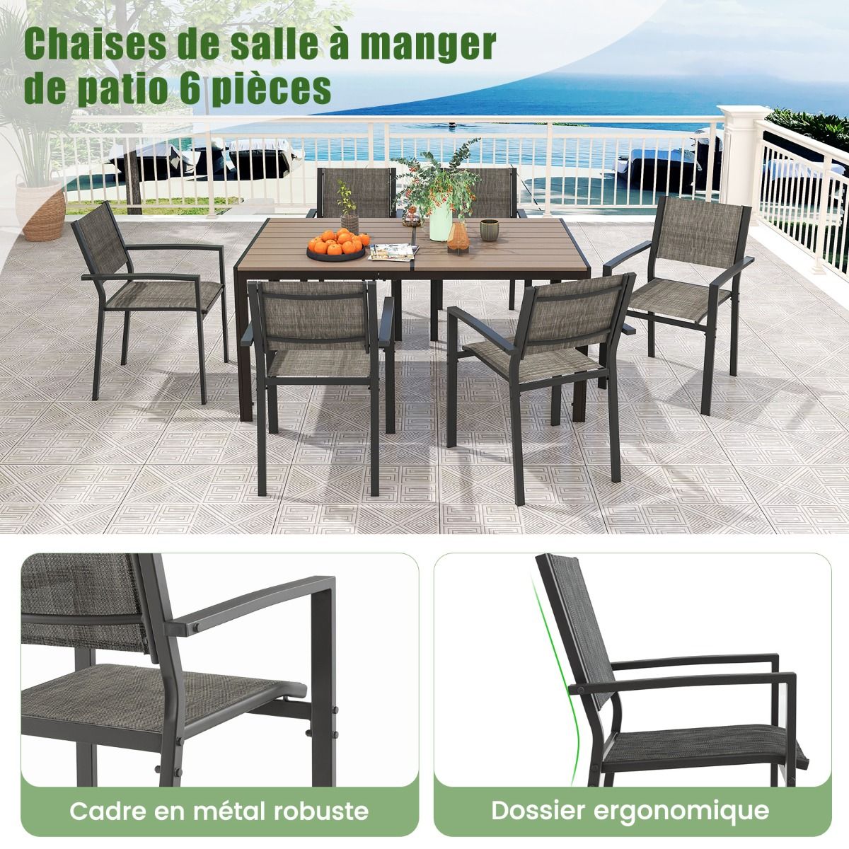 Ensemble de Meubles de Patio 7 Pièces pour 6 Personnes Salon de Jardin avec 6 Chaises Empilables et Table Rectangulaire Gris
