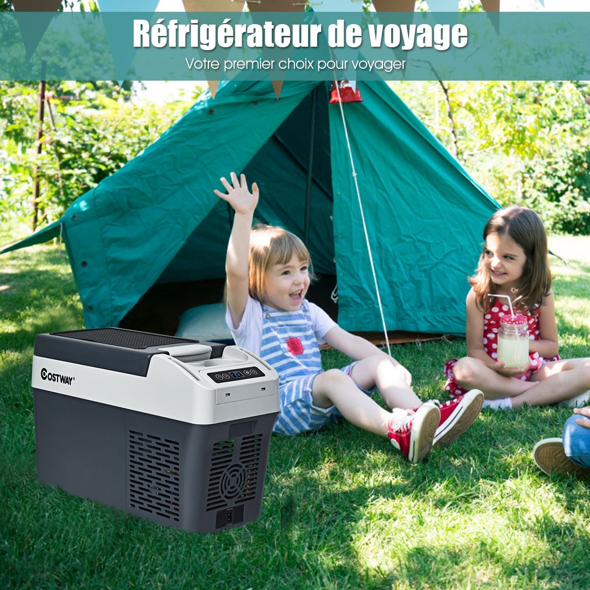 Réfrigérateur Congélateur de Voiture 12L Portable Compresseur -20°C à +10°C Ampoules LED  2 Porte-gobelets 23x53x36cm