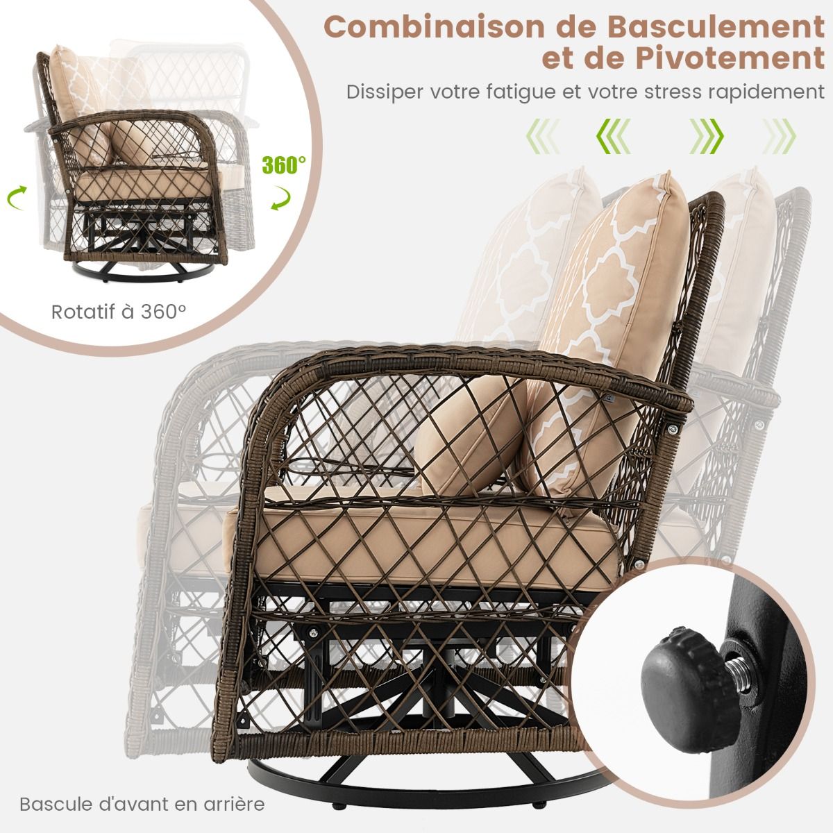 Salon de Jardin Extérieur 3PCS - 2 en Fauteuils à Bascule Pivotant à 360°Rotin PE Cadre Métal our Terrasse Balcon