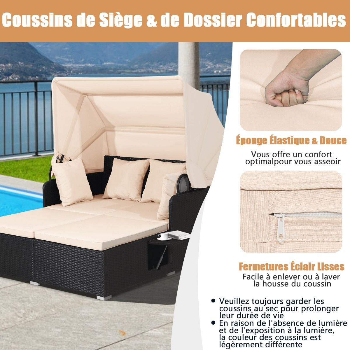 Chaise Longue à 2 Places en Rotin avec Auvent Rétractable Bain de Soleil avec Panneaux Latéraux Pliables Charge 360KG Beige/Gris