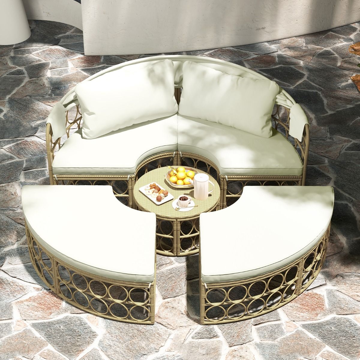 Lit de Repos Rond pour Patio avec Auvent Rétractable Ensemble de Siège Sectionnels Séparés en Rotin PE avec Coussins Doux Blanc