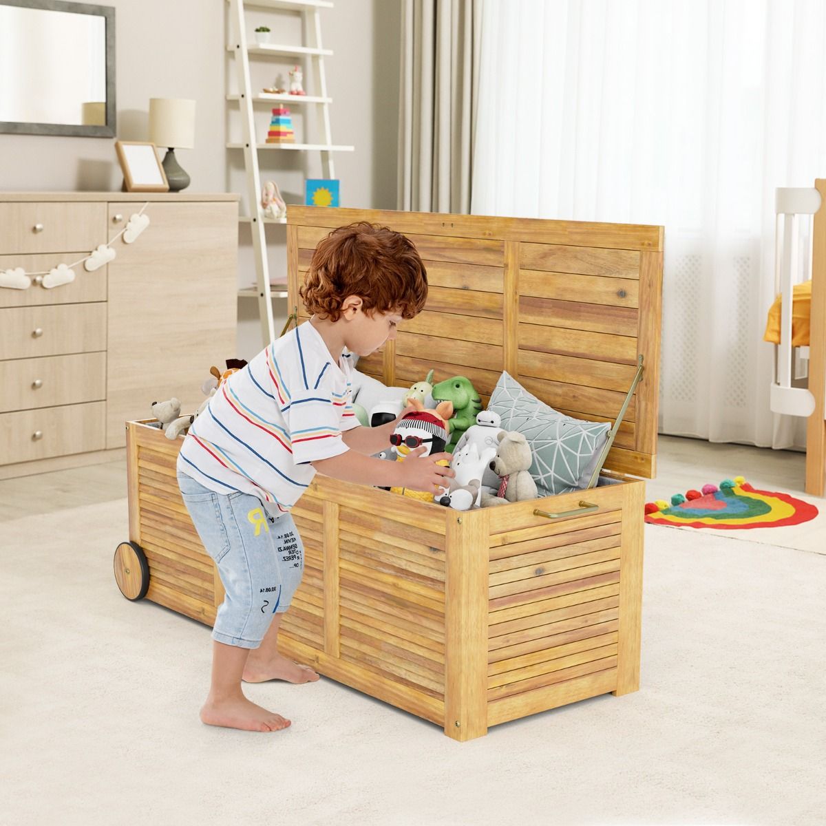 Coffre de Rangement 182L en Bois d’Acacia Charnière en Métal Banc de Rangement à Roulettes Extérieur pour Jardin Patio