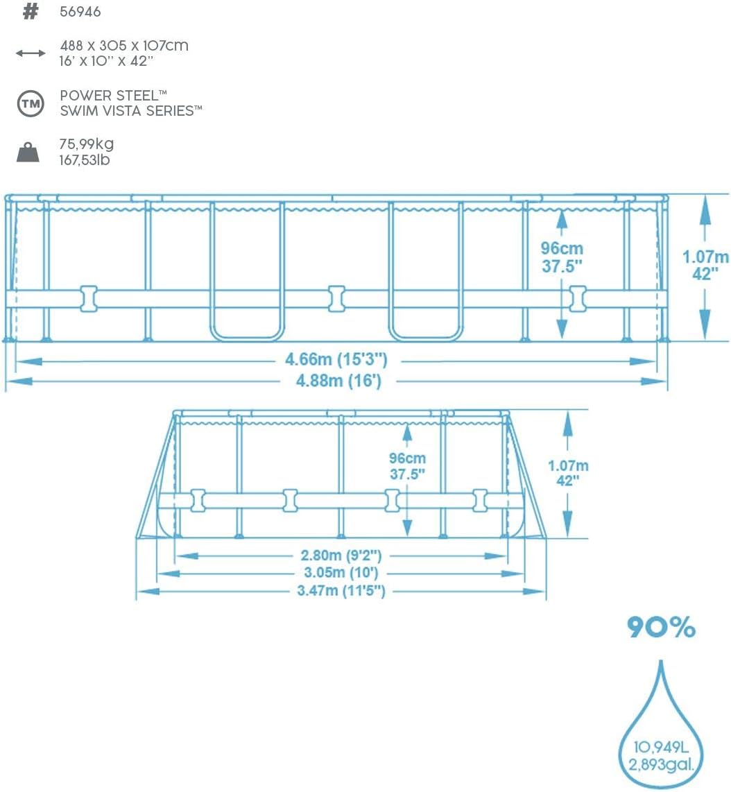 Bestway 56946 Piscine Power Steel™ Swim Vista ovale 488 x 305 x 107 cm motif rotin avec hublots, filtration à sable, échelle, bâche et diffuseur Chemconnect™
