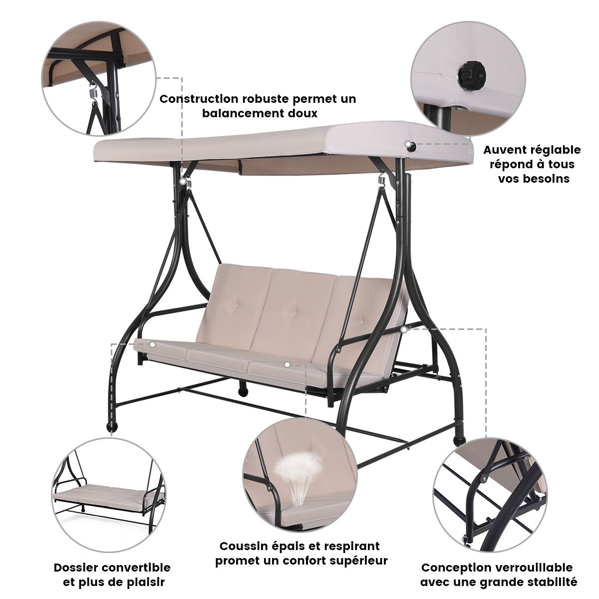 Balancelle d'Extérieur Convertible Jardin Porche Avec Sièges à Coussins Auvent Réglable et Cadre en Métal Enduit Hamac 3 Places Beige