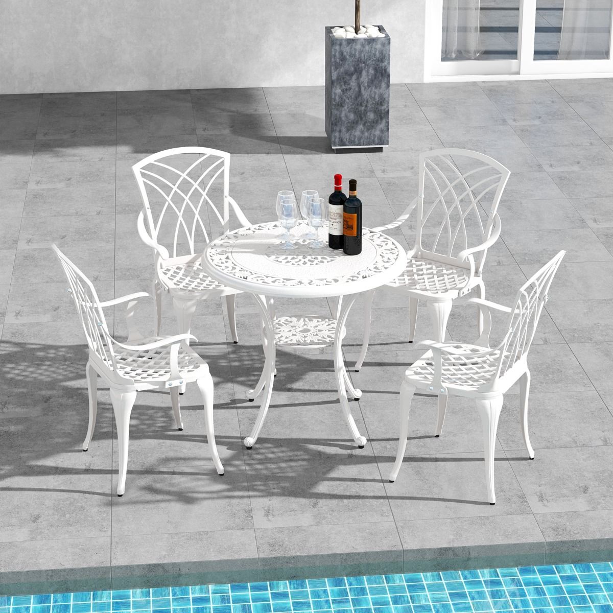 5 Pcs Salon de Jardin en Fonte d'Aluminium Trou pour Parasol Repose-pieds Réglables Ensemble de Table Ronde et 4 Chaises Blanc