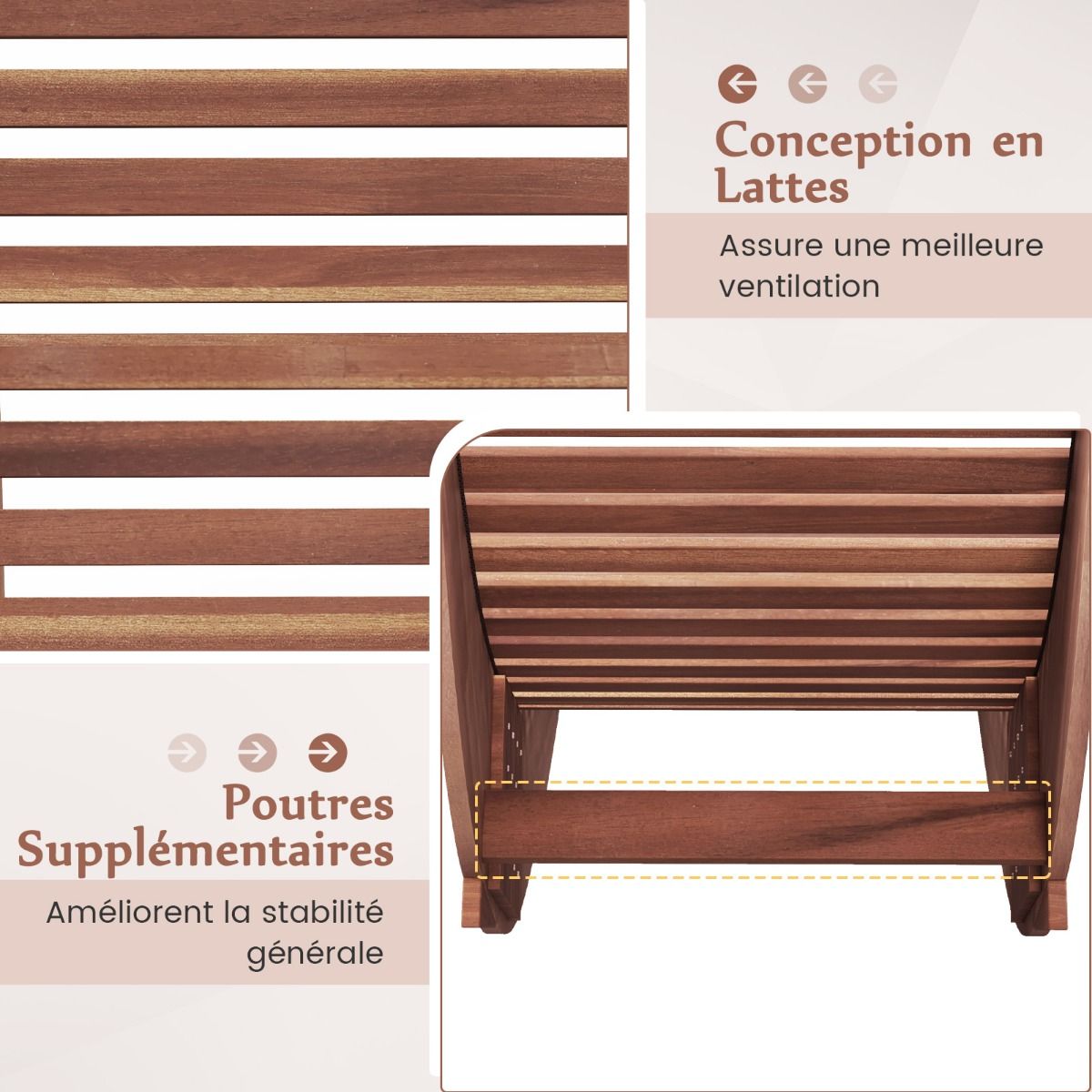 Lot de 2 Chaises Longue à Bascule en Bois d'Acacia Conception à Lattes Butées de Fond Charge Max 160KG Transat Ergonomique Naturel
