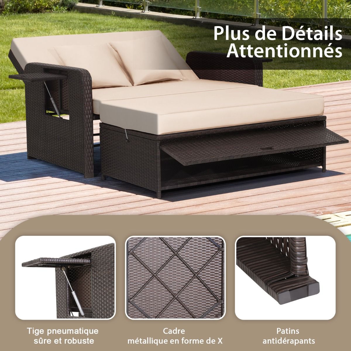 Salon de Jardin Extérieur Ajustable à Lit, 2 Place avec Stockage Caché, Dossier Réglable à 4 Niveaux en Rotin PE