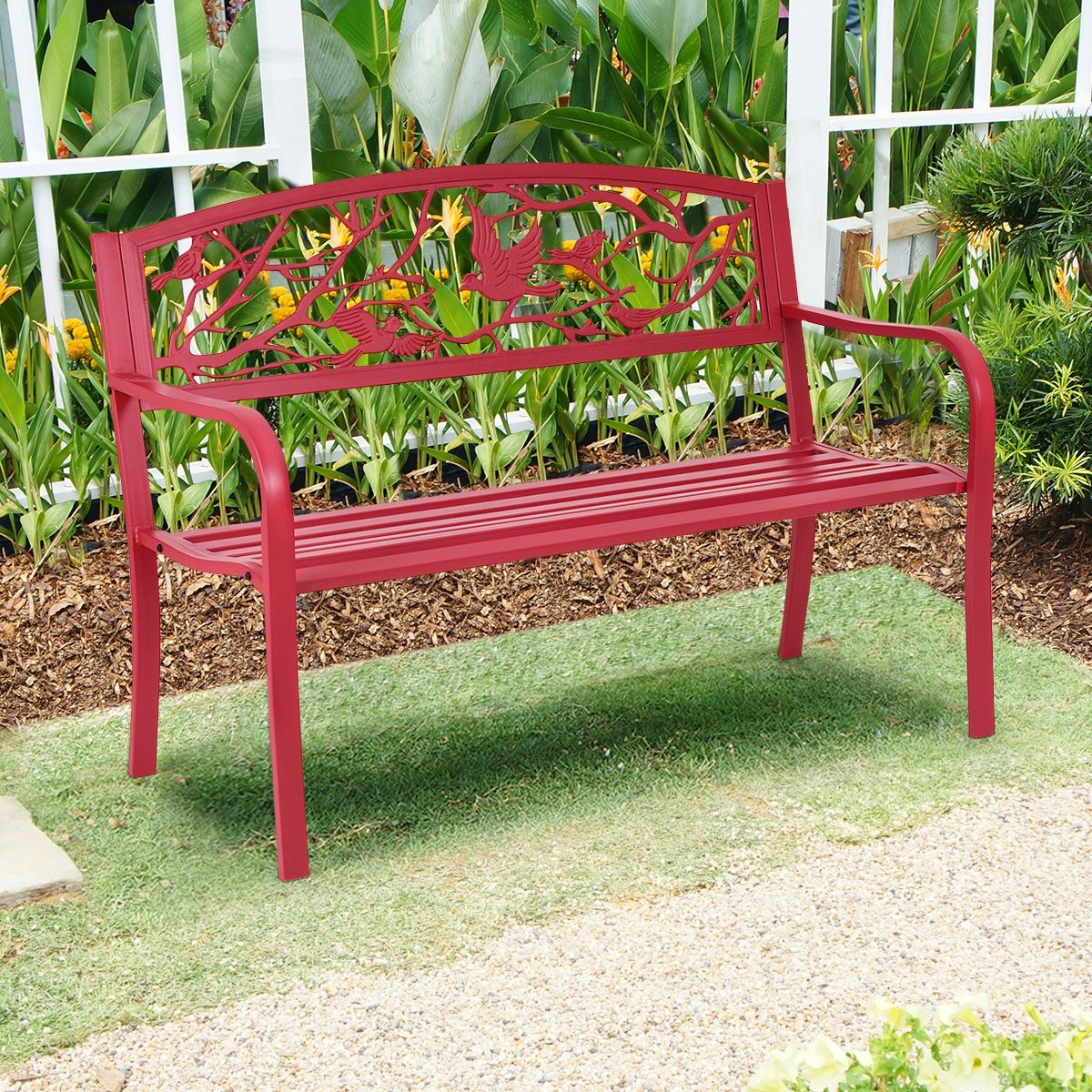 Banc de Jardin en Fer Résistant de Haute Qualité Style Contemporain 2-3 Places Parfait pour Extérieur 127x60x88cm Rouge