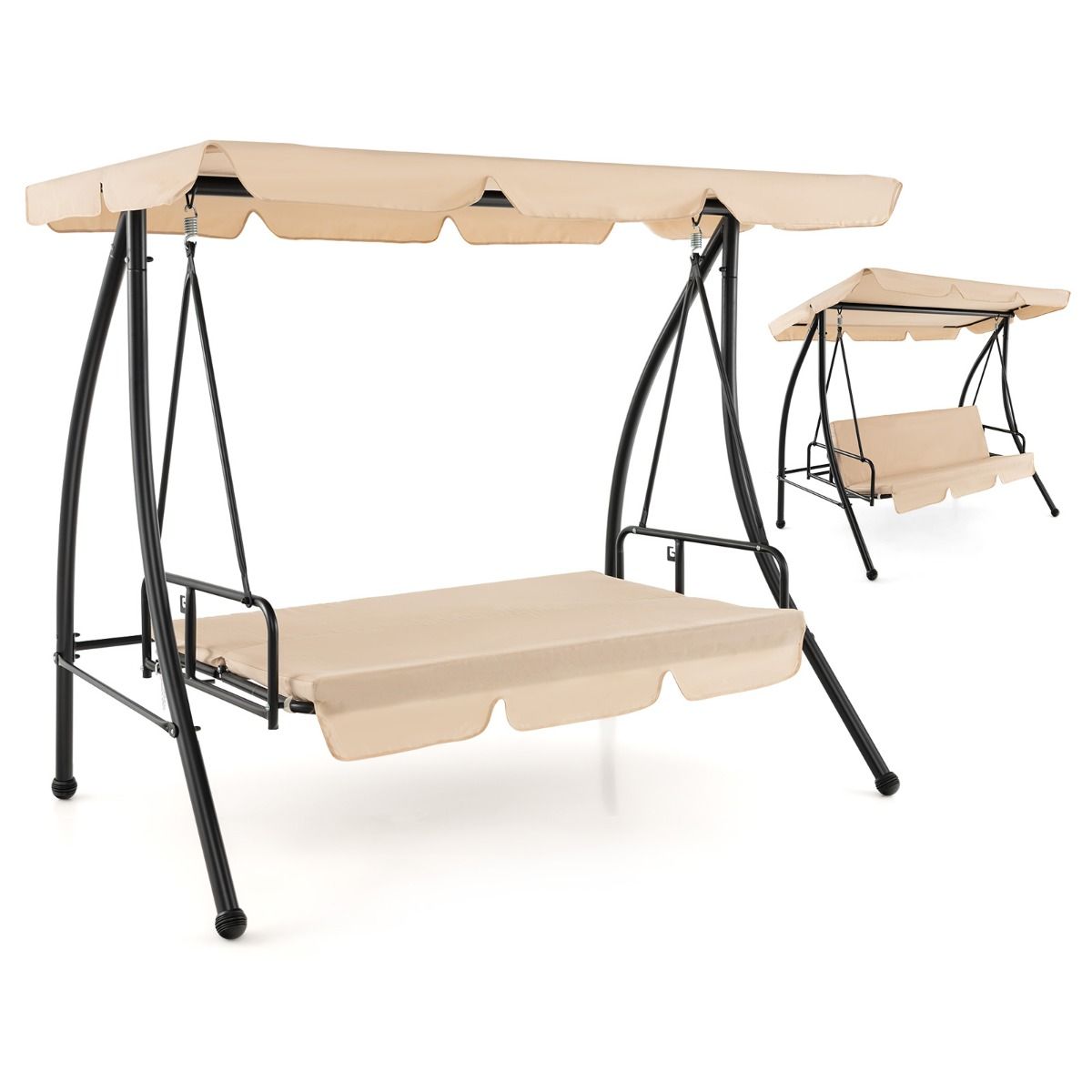 Balancelle d'Extérieur Convertible 2 Places avec Lit Plat Hamac de Terrasse avec Auvent Réglable et Coussin Amovible Pour Jardin