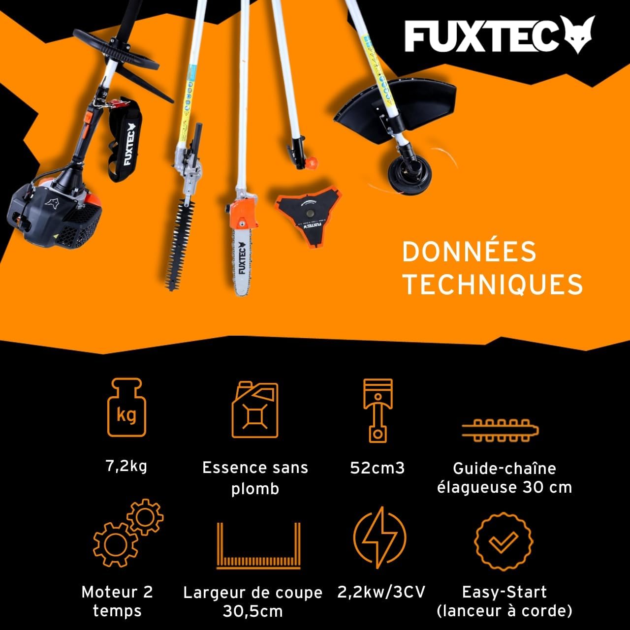 Fuxtec Débroussailleuse Thermique Multifonction 5 en 1 Multitool FX-MT152E - Easy Starter 3CV 52 cm³, Moteur 2 Temps, Élagueuse Taille Haie Coupe Bordure Avec Fil ou Lame 1 Mètre Rallonge